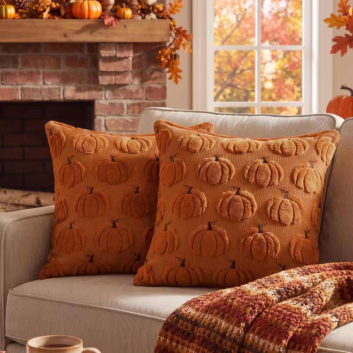 Softalker Fall Throw Pillow Covers 18x18 Set of 2 Rust Orange Pumpkin Decor