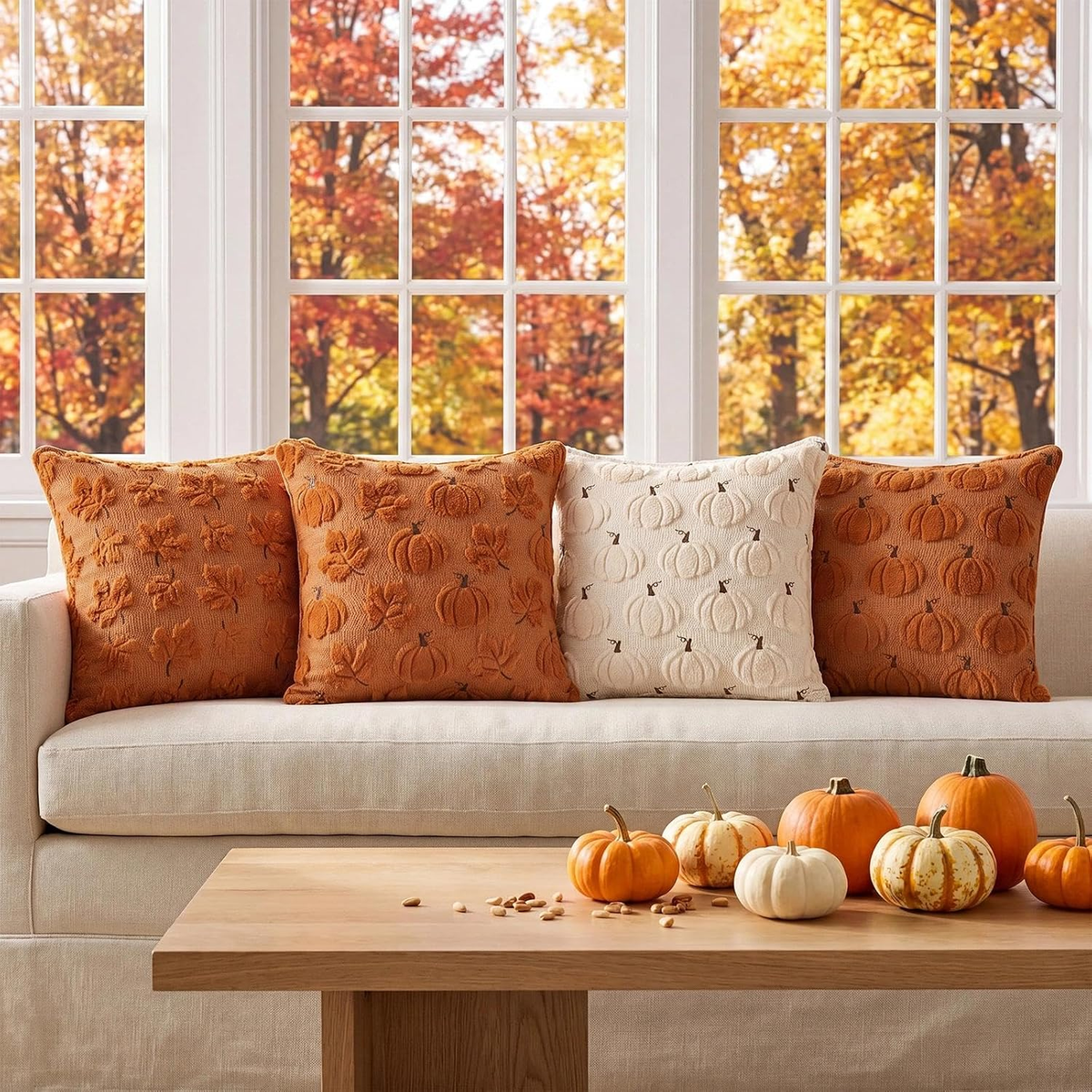 Softalker Fall Throw Pillow Covers 18x18 Set of 2 Rust Orange Pumpkin Decor