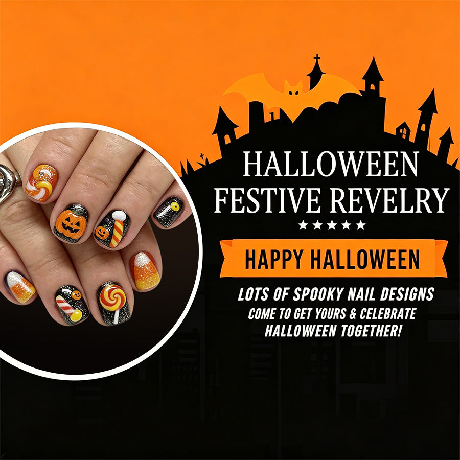 24pcs Short square pumpkin Halloween nails