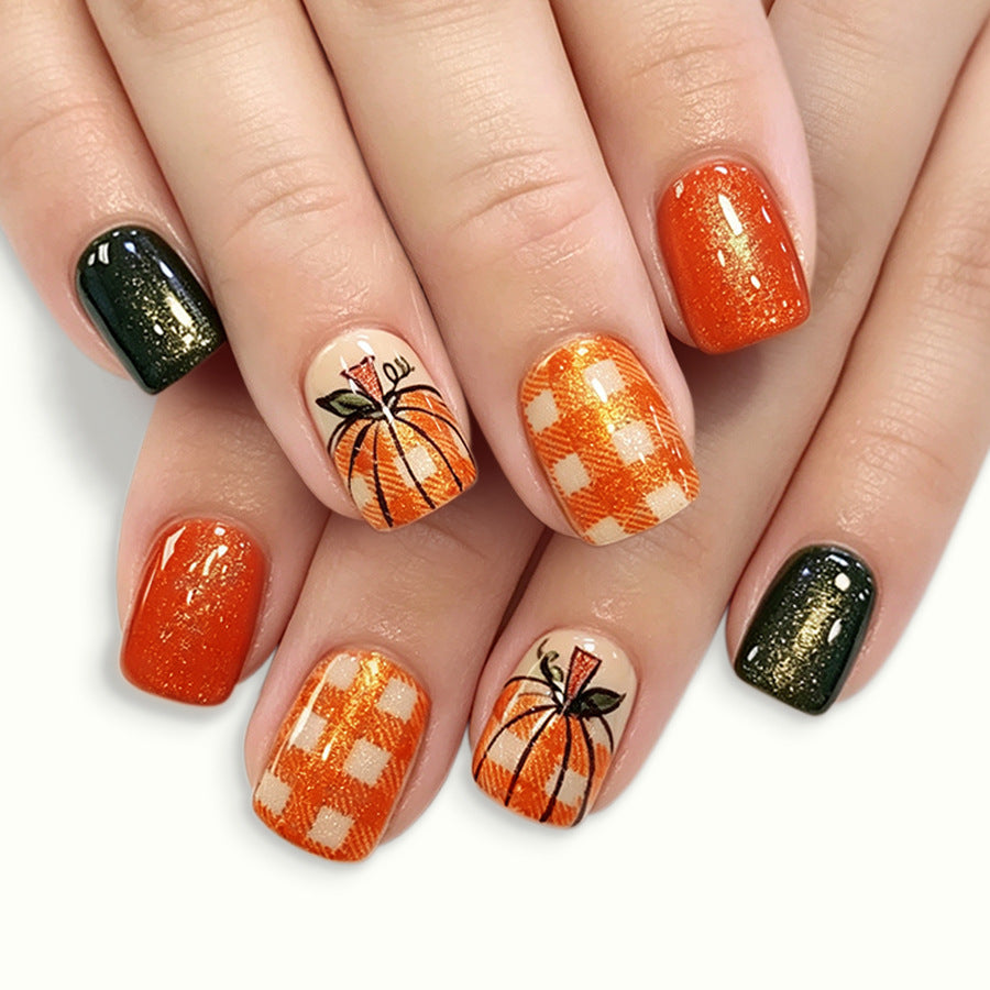 Short Square Brown Plaid Pumpkin design nails