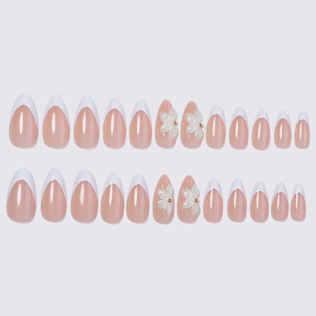 24pcs French Almond flower nails