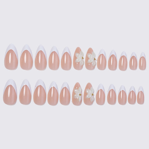 24pcs French Almond flower nails