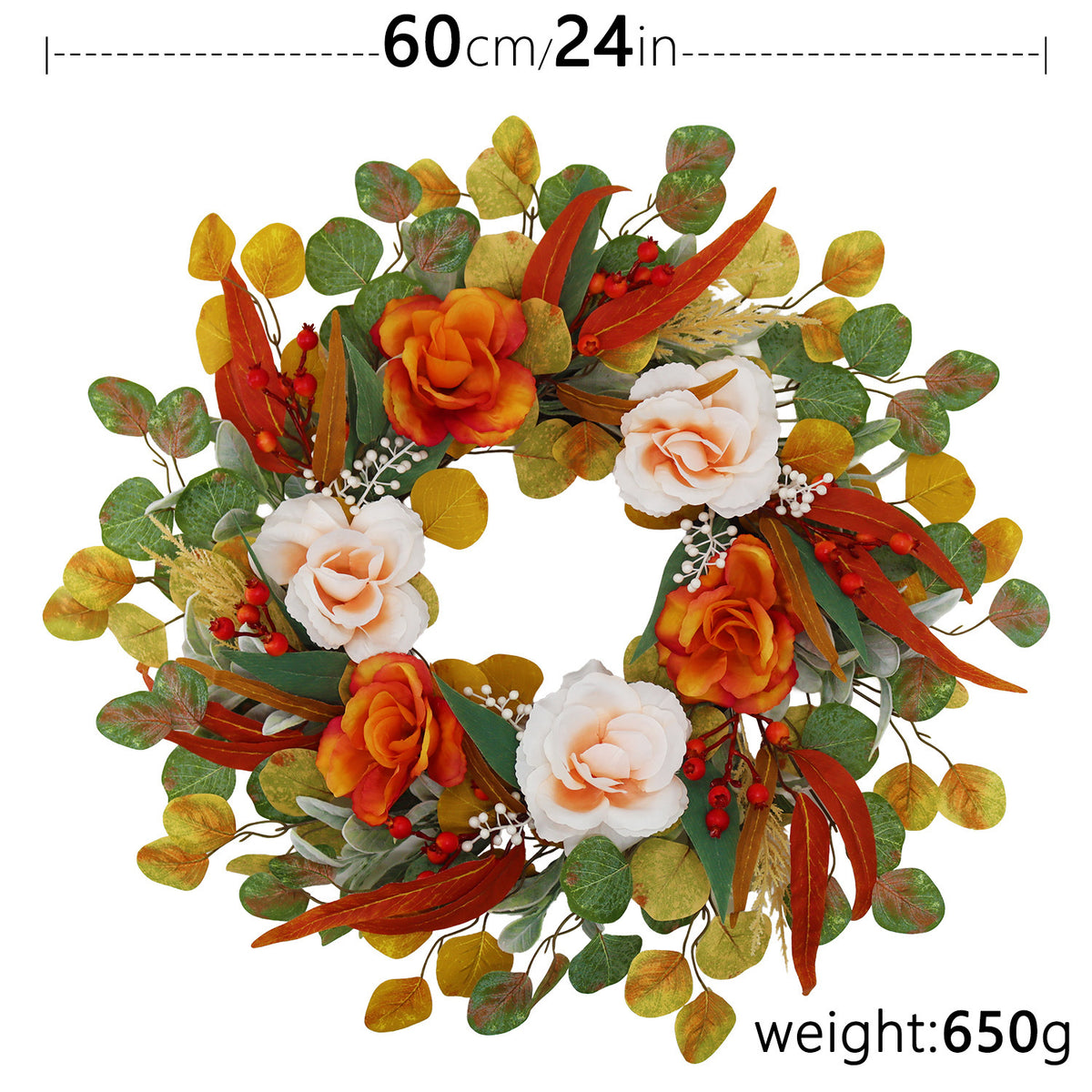 24 inch Simulation of rose autumn leaves flower wreath for door hanging courtyard front porch decoration