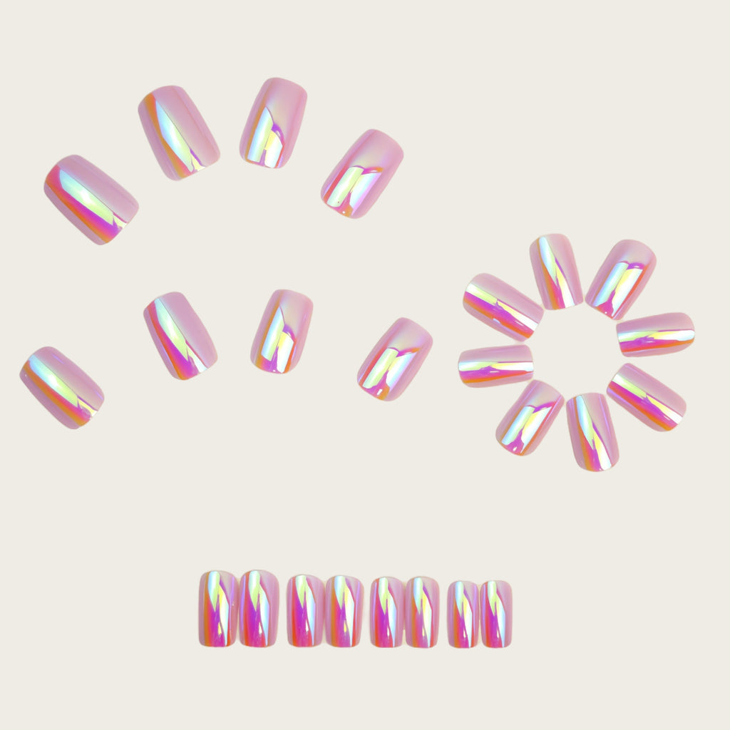 24pcs Long Rectangular Pink Aurora Nails