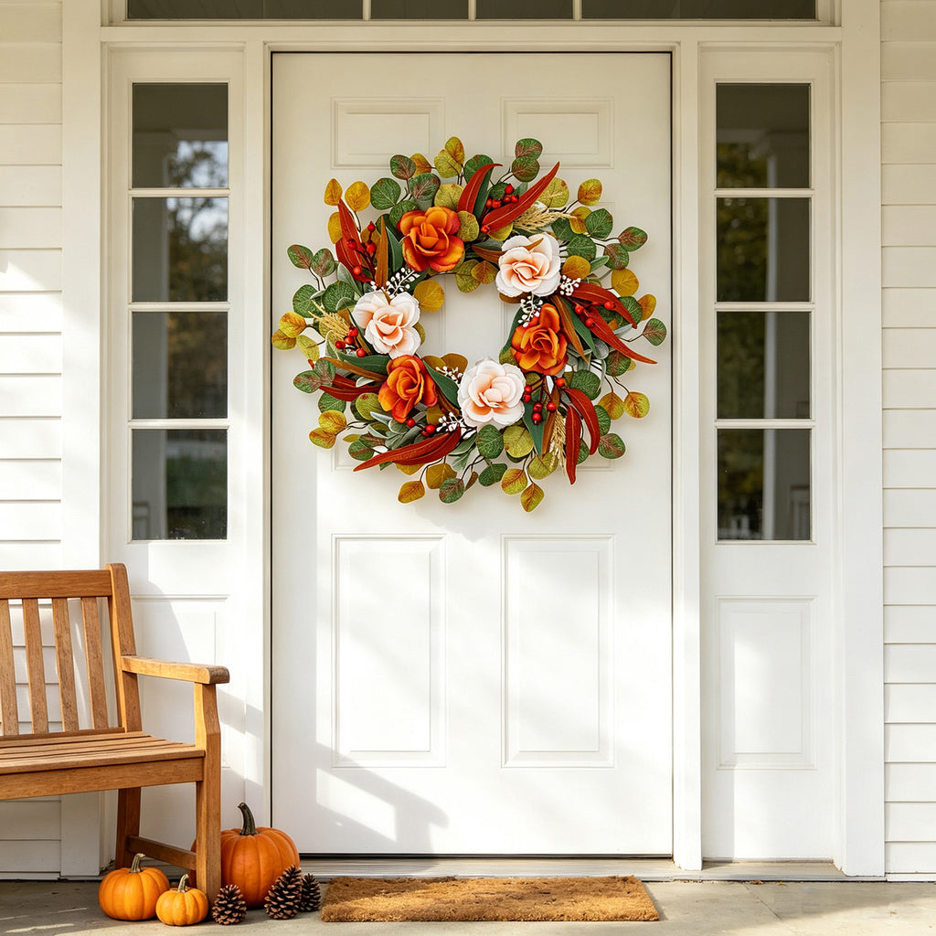 24 inch Simulation of rose autumn leaves flower wreath for door hanging courtyard front porch decoration