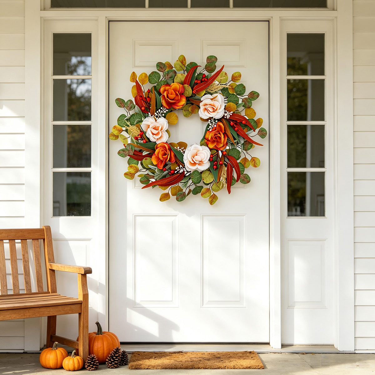 24 inch Simulation of rose autumn leaves flower wreath for door hanging courtyard front porch decoration