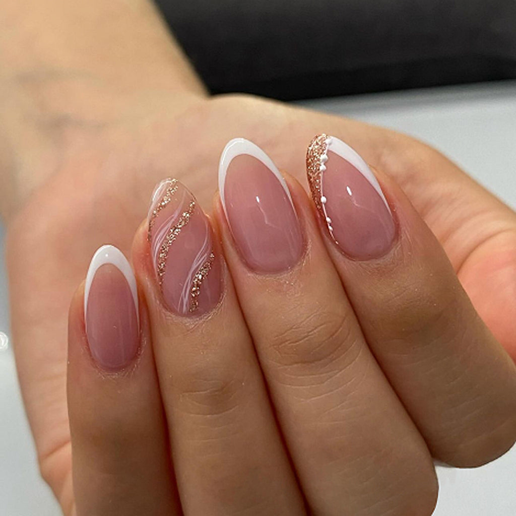 French White Glitter Short Almond press on nails