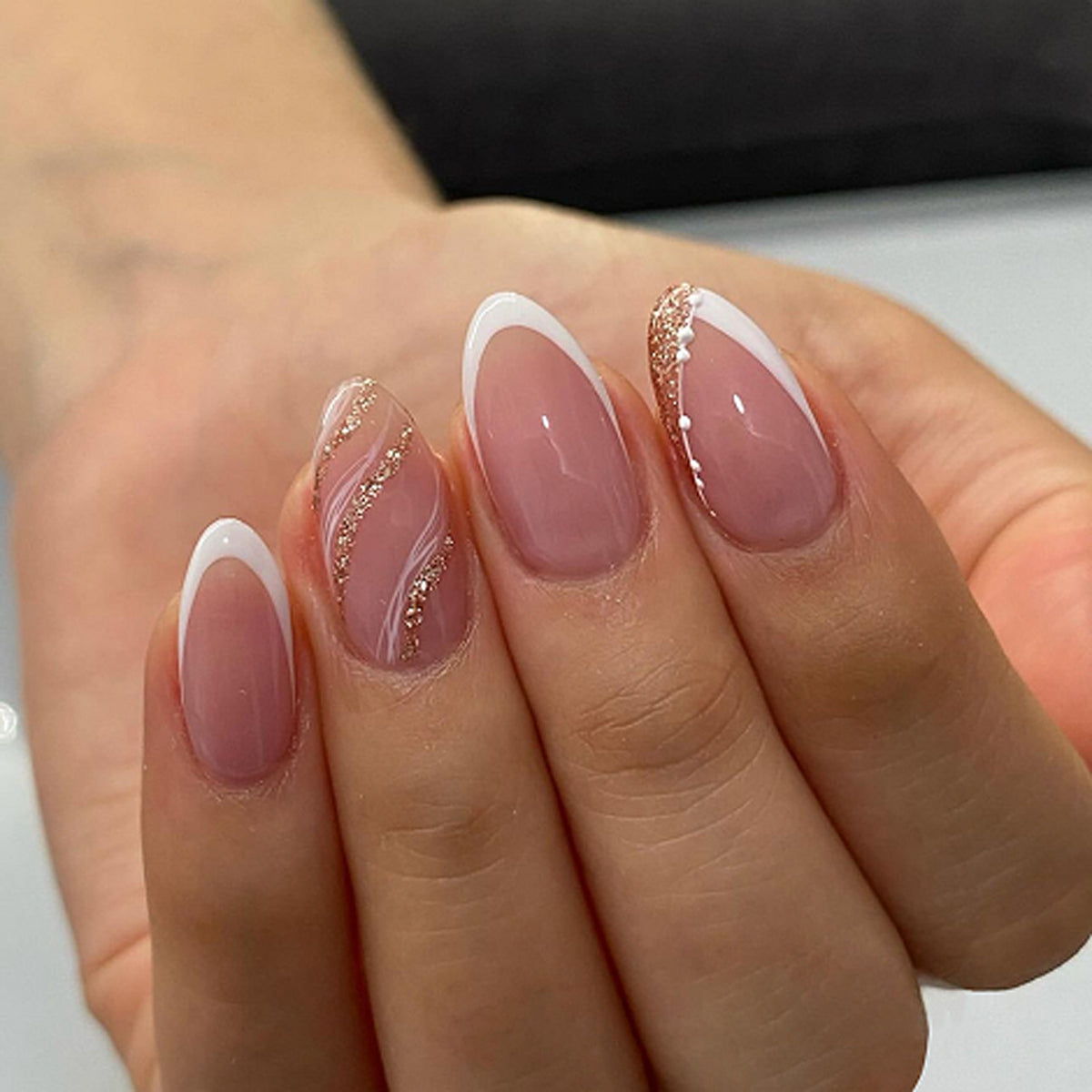 French White Glitter Short Almond press on nails