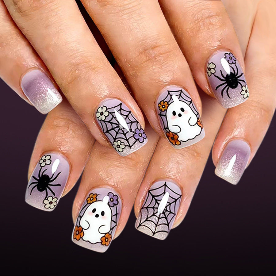 24pcs Short Square purple Halloween Spider Nails