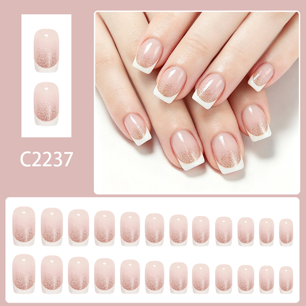 24 pcs Short Square Nude French Glitter nails
