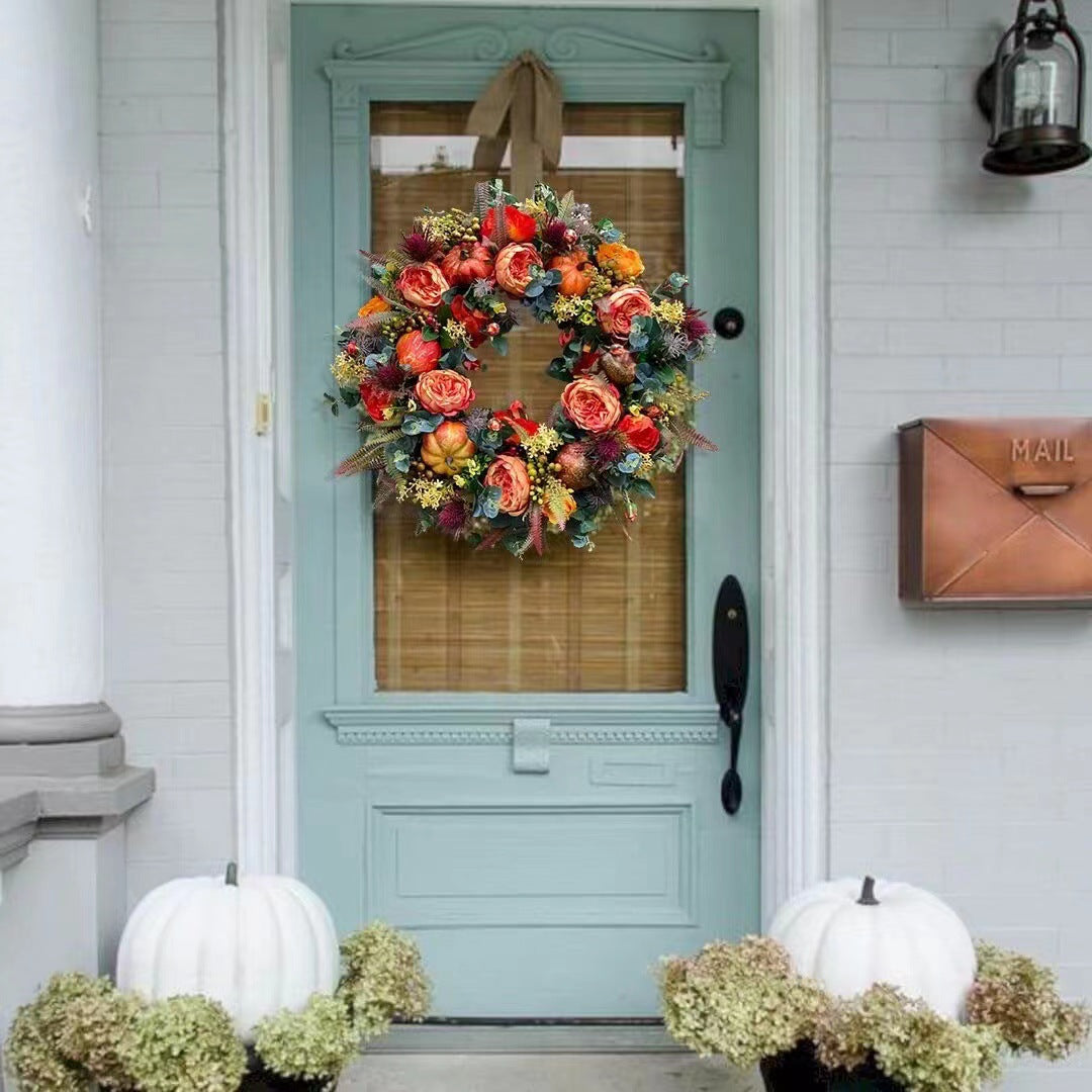 Autumn floral wreath door decoration with pumpkin vine ring door hanging Thanksgiving twine ornaments
