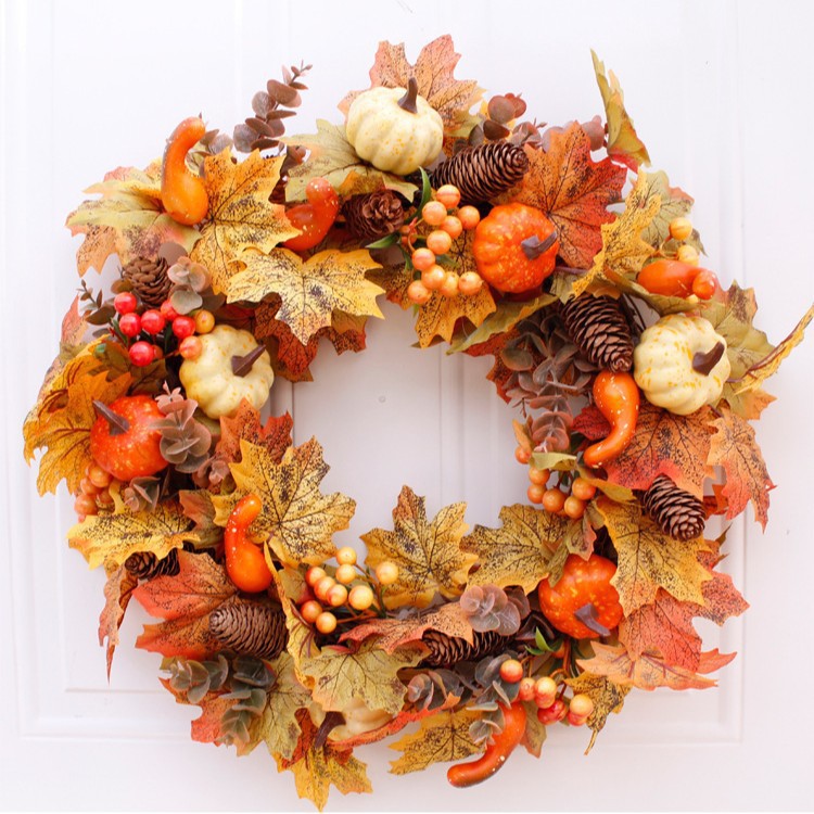 Autumn pumpkin pinecone wreath door and window decorations Thanksgiving