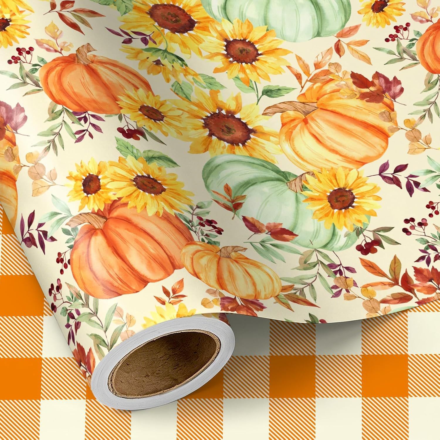 Glitter Foil Fall Pumpkin Wrapping Paper Roll Autumn Harvest Floral Pumpkin Gift Wrap for Thanksgiving