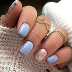 24pcs Short Square Nail Light Blue Flower Glitter