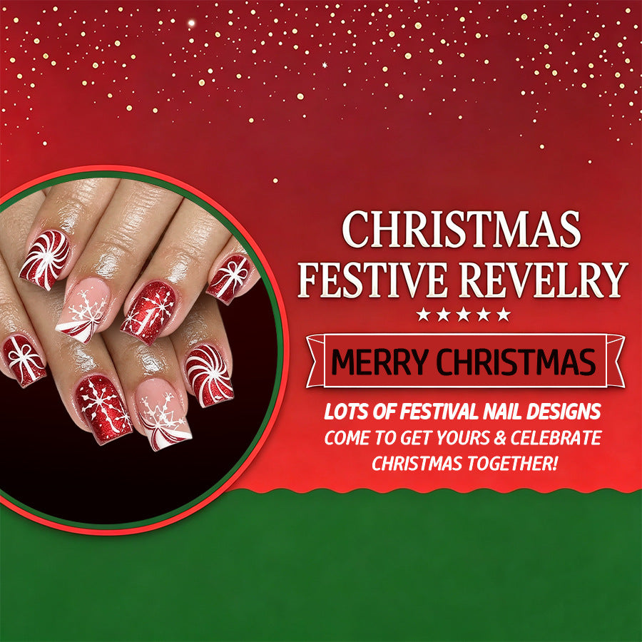 24pcs Short Square Red Snowflake bow tie Christmas Nails