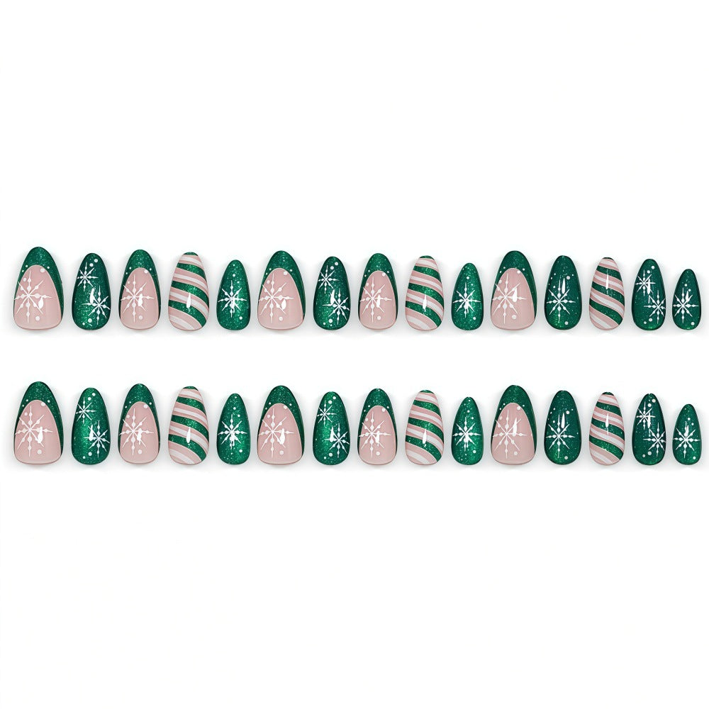Christmas Green Almond French Cat-eye Nails