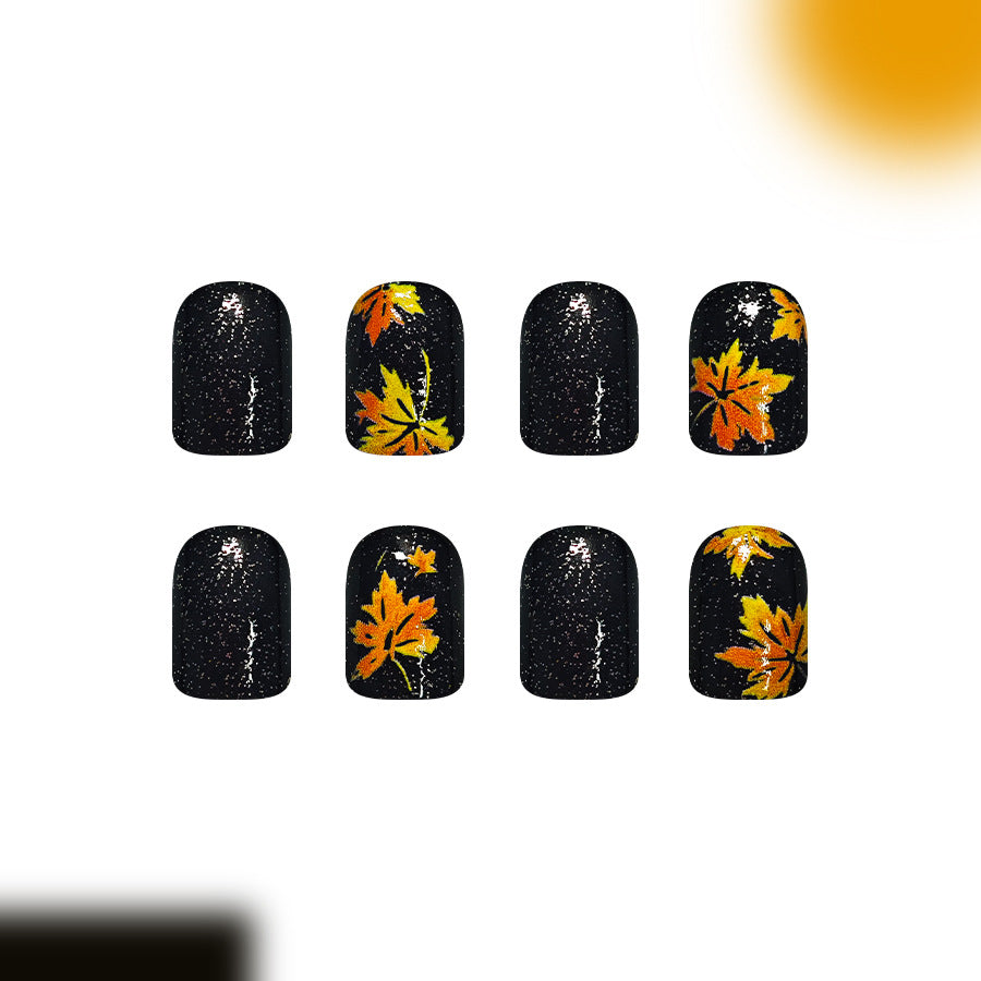 24pcs Short Black Glitter Leaf pattern Thanksgiving Nails