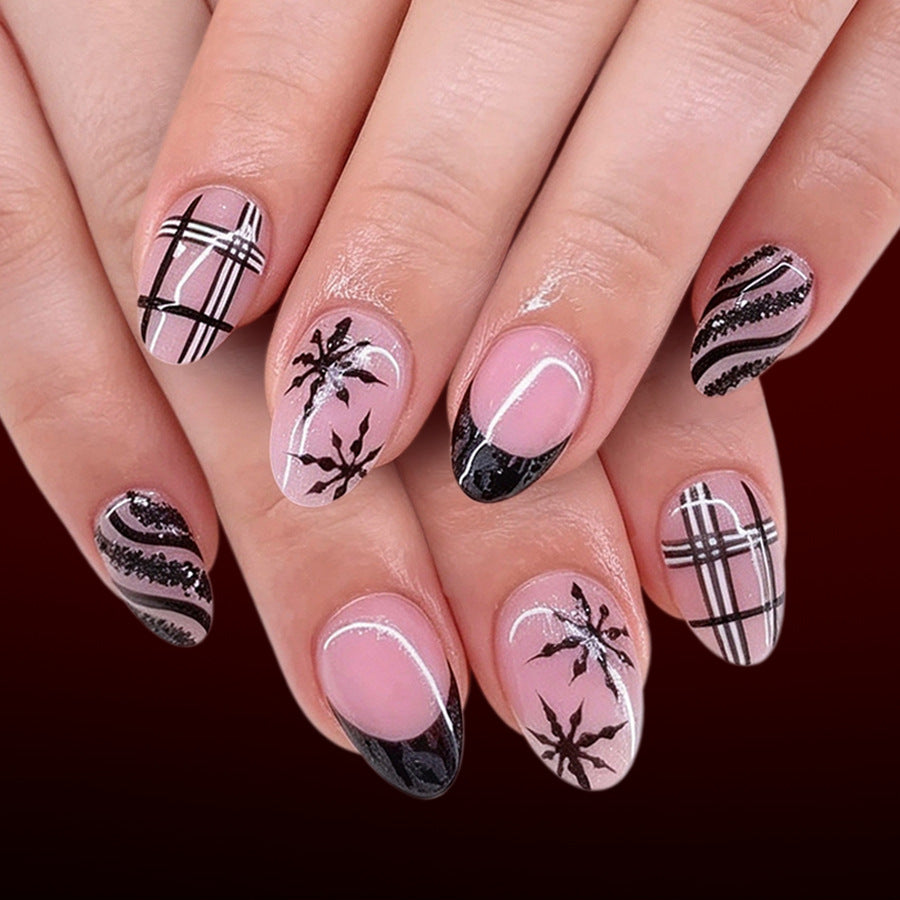 24pcs Short Oval Black French tip Glitter Plaid Christmas nails