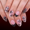 24pcs Short Oval Black French tip Glitter Plaid Christmas nails