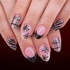 24pcs Short Oval Black French tip Glitter Plaid Christmas nails