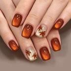 Short Square Glossy Brown Cat-eye Maple Thanksgiving Nails