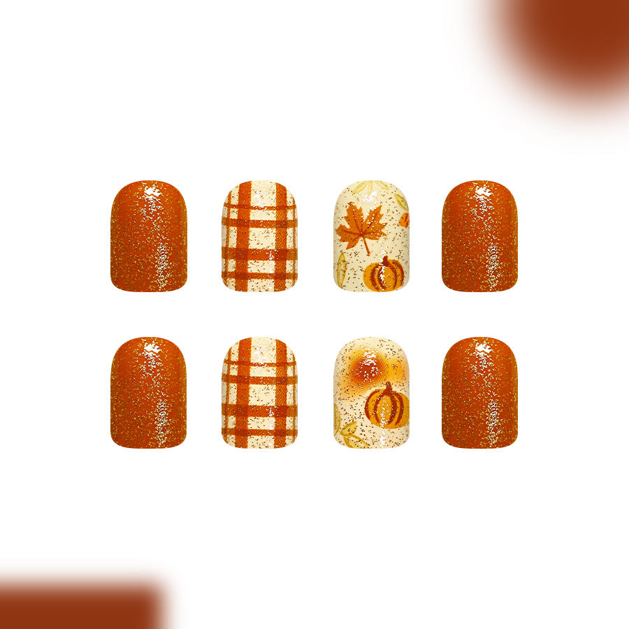 24pcs Short Glossy Square Brown Pumpkin leaf Nails