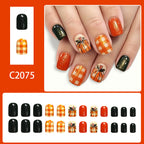 Short Square Brown Plaid Pumpkin design nails