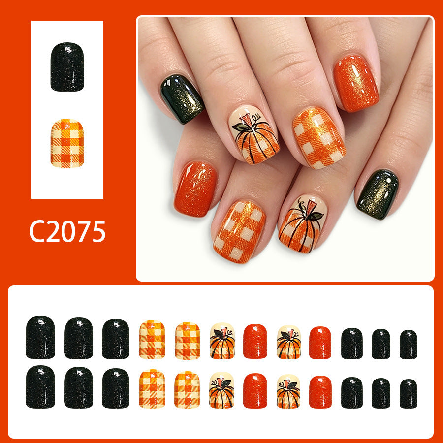 Short Square Brown Plaid Pumpkin design nails