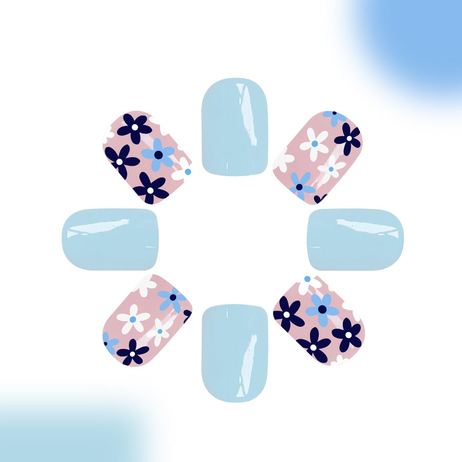 24pcs Short Glossy Square nails with light blue floral