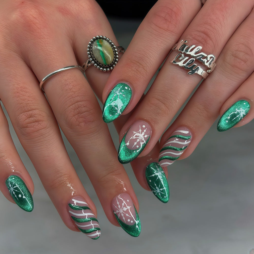 Christmas Green Almond French Cat-eye Nails