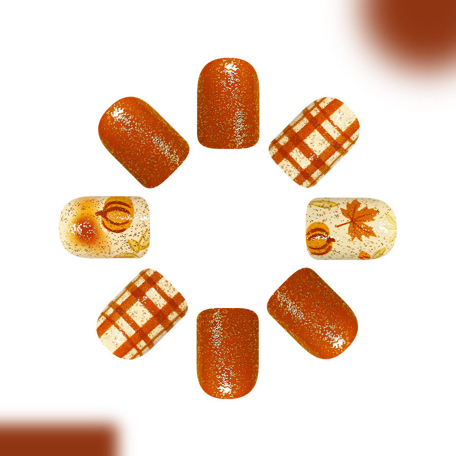24pcs Short Glossy Square Brown Pumpkin leaf Nails