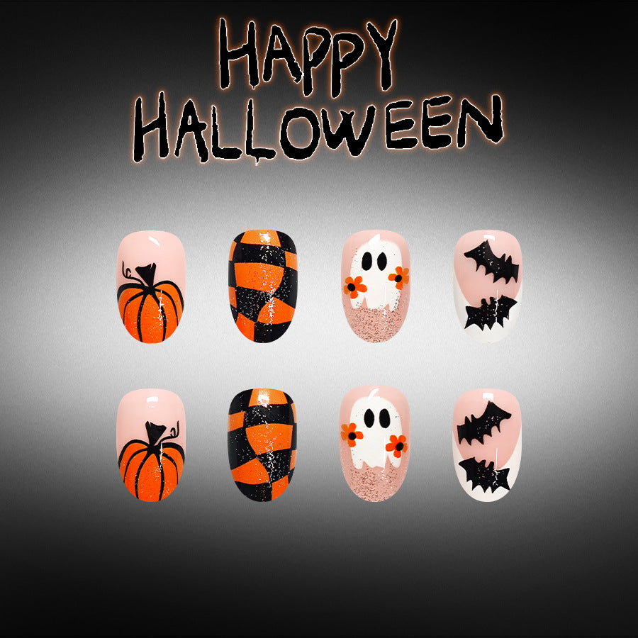 24pcs Short French Oval Orange Halloween Pumpkin Nails