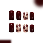 24pcs Short Square Wine Red Maple leaf Nails