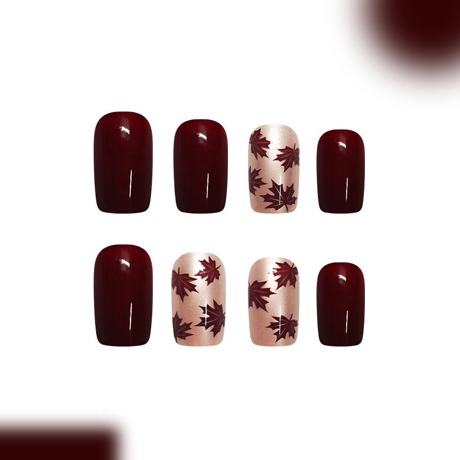 24pcs Short Square Wine Red Maple leaf Nails