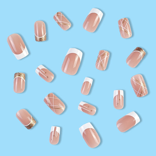 24pcs French-style Short Square nail tips with Gold-rimmed