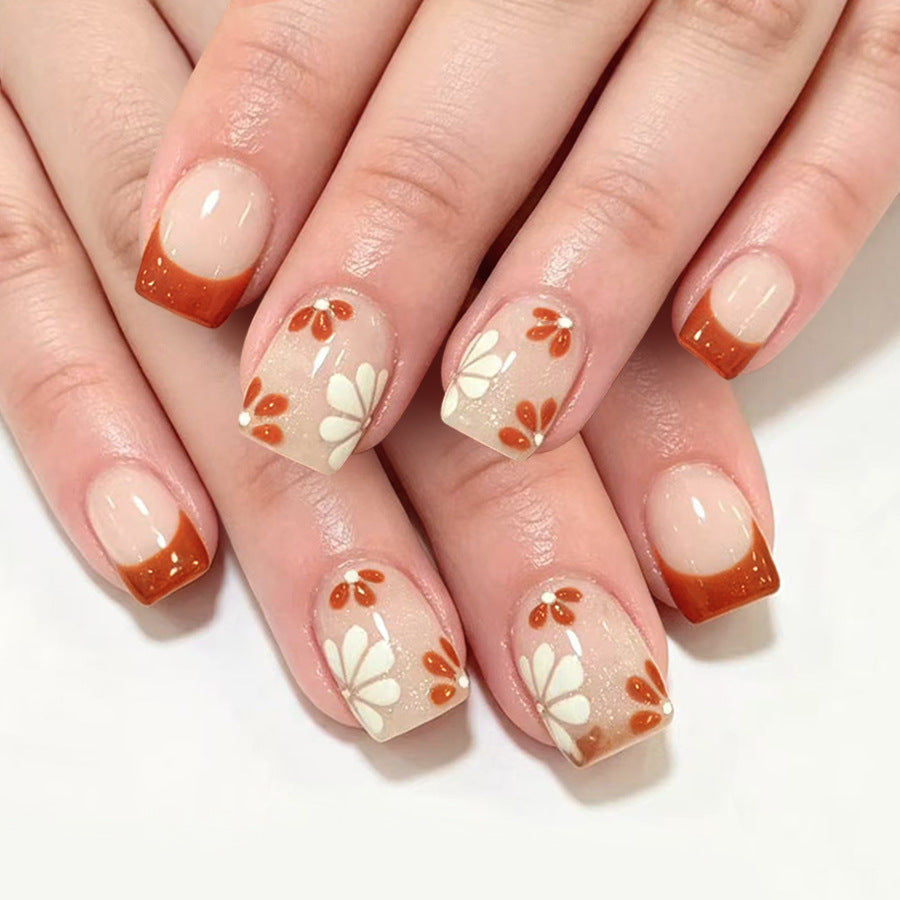 24pcs Short Square French Nude Glitter flower nails