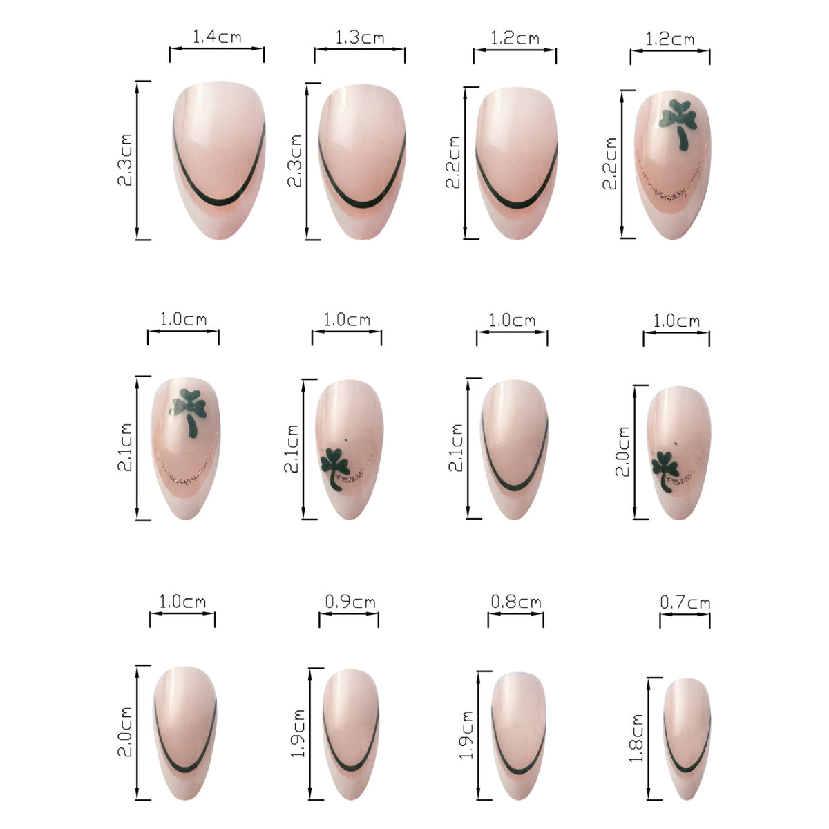 24pcs Short White Almond St. Patrick's Day clover Nails
