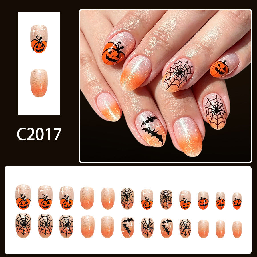 24pcs Short Oval Orange Ombre Glitter Pumpkin Halloween Nails