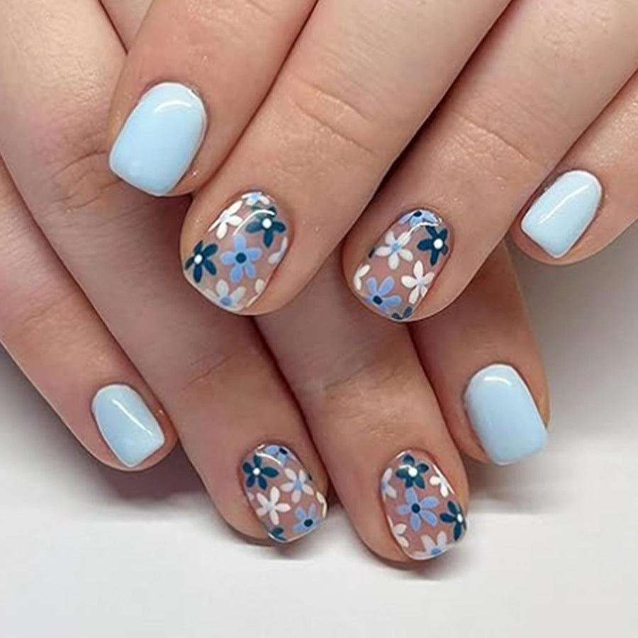 24pcs Short Glossy Square nails with light blue floral