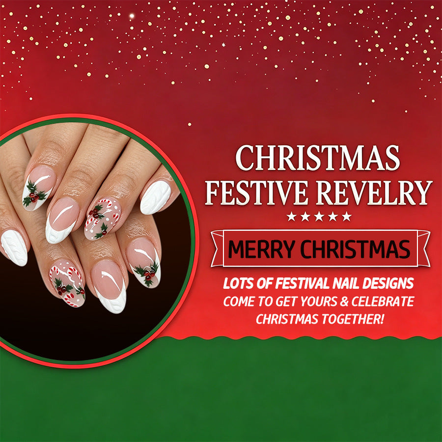 24pcs Short Almond-white French candy Christmas Nails