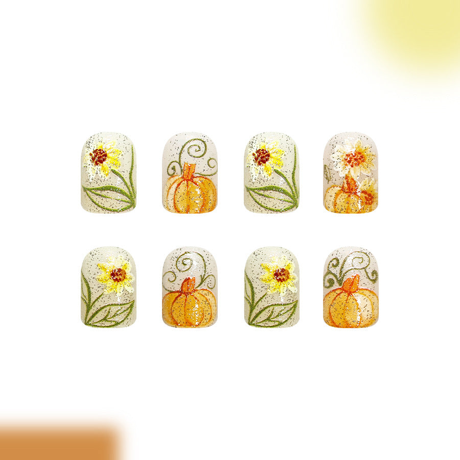 24pcs Short Square Pumpkin&sunflower Glitter Nails