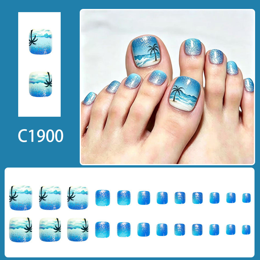 24pcs Blue Ocean Palm tree Glitter Toenails