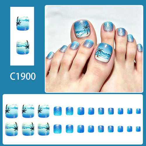 24pcs Blue Ocean Palm tree Glitter Toenails