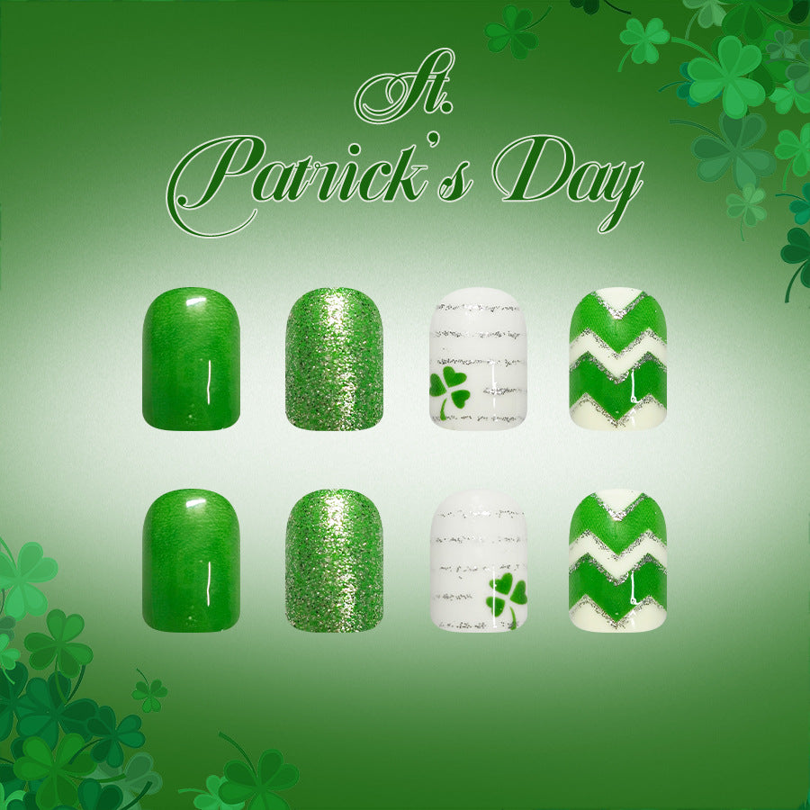 Short Square Saint Patrick's Day Green-striped Four-leaf Nails