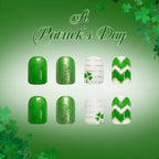 Short Square Saint Patrick's Day Green-striped Four-leaf Nails
