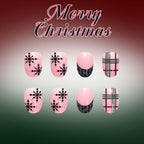 24pcs Short Oval Black French tip Glitter Plaid Christmas nails