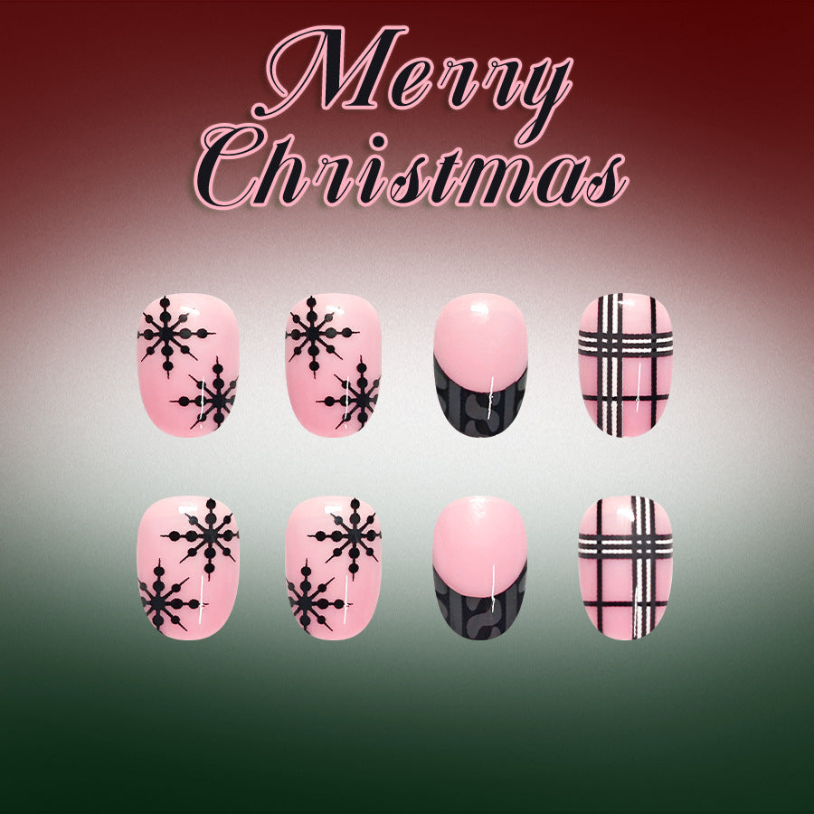 24pcs Short Oval Black French tip Glitter Plaid Christmas nails