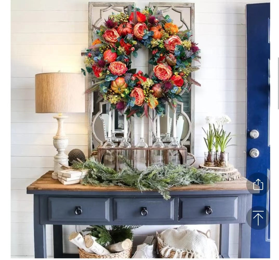 Autumn floral wreath door decoration with pumpkin vine ring door hanging Thanksgiving twine ornaments