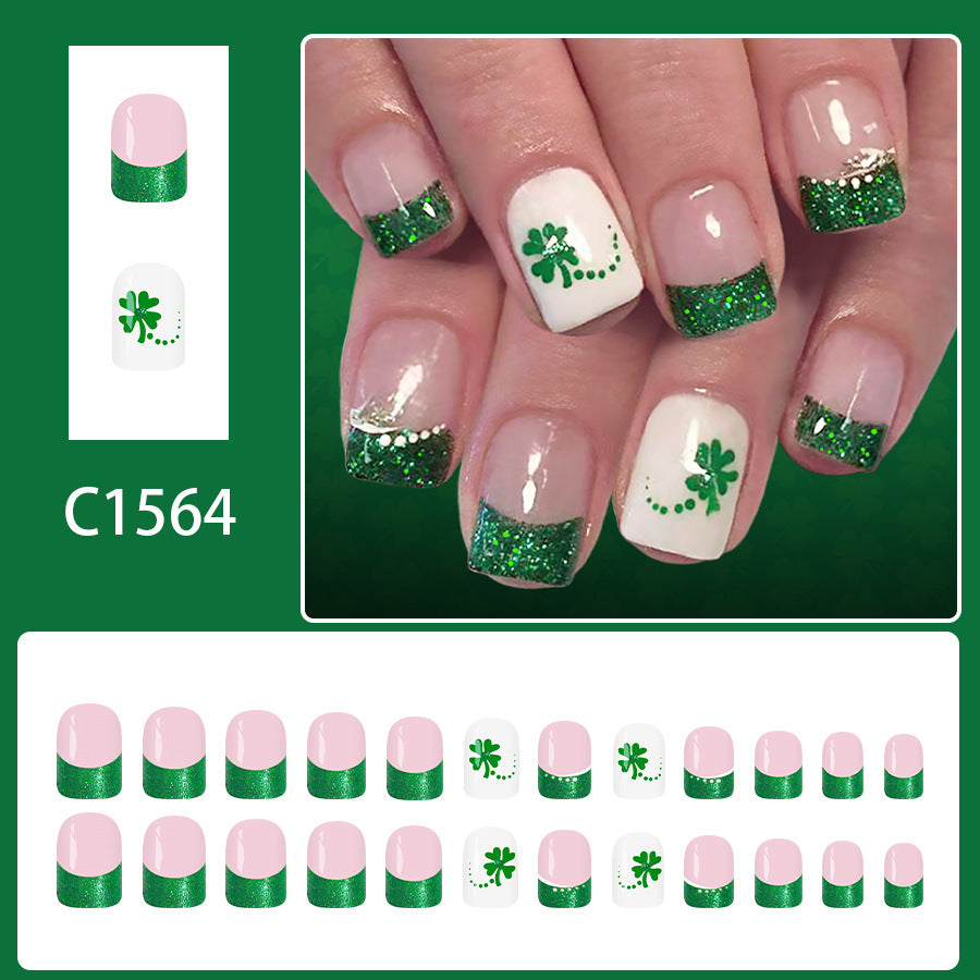 24pcs Shiny Square Saint Patrick's Day Light green Four-leaf clover Nails