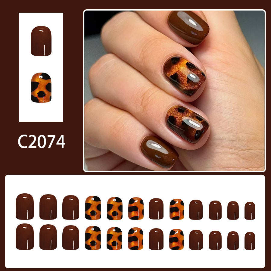 Short Square Brown Cat-eye Nails